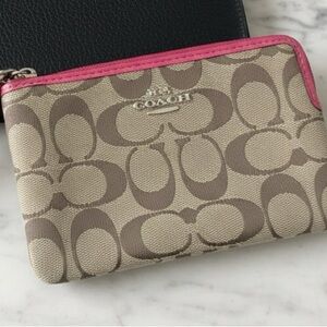 Coach Signature Monogram Beige and Pink Wristlet
